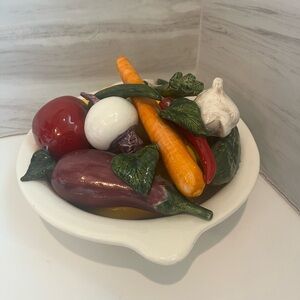 Vintage Italy Ceramic Porcelain White Bowl With Vegetables Centerpiece Decor